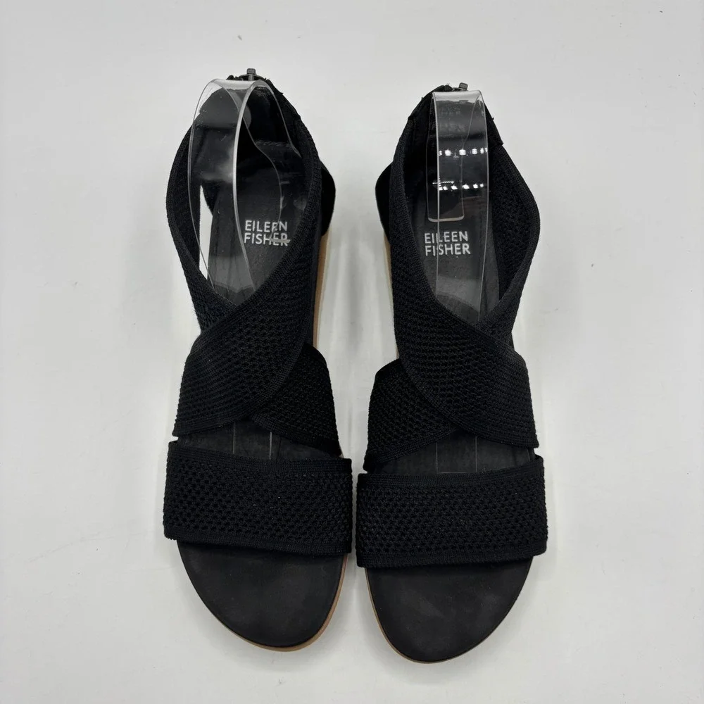 Eileen Fisher Black Stretch Mesh Crisscross Platform Sandals Size‎ 9.5 Zip Back